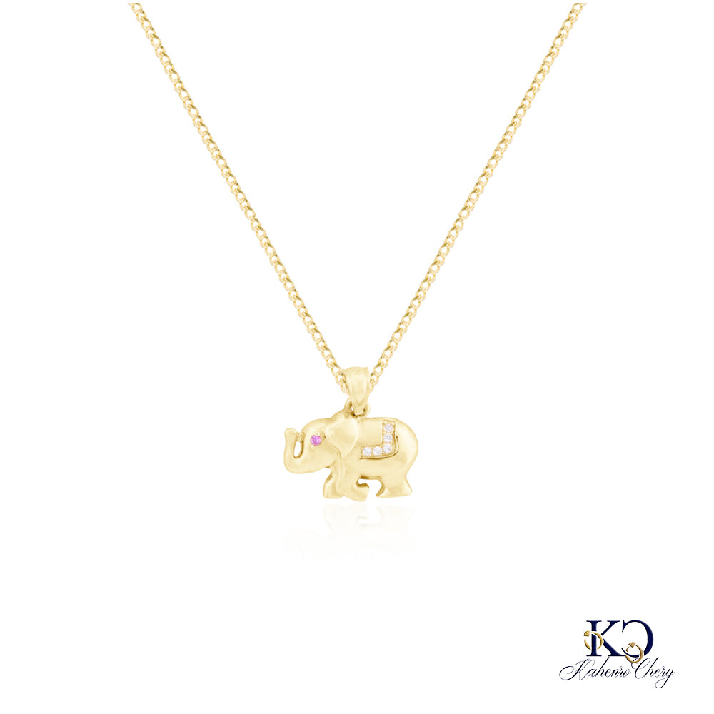 Cadena con colgante de elefante ojo rosa oro amarillo 14k